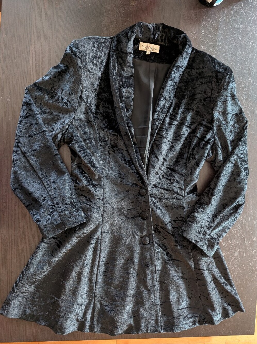 Vintage 90s Le Chateau Black Crushed Velvet Peplum Blazer Jacket Size 7 - Goth